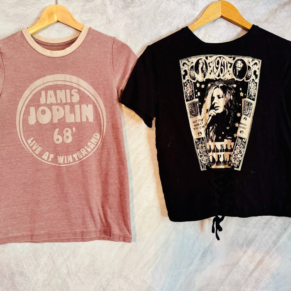 Lot of 2 Janis Joplin Lucky Brand Graphic T-Shirts Front Tie - Size XS